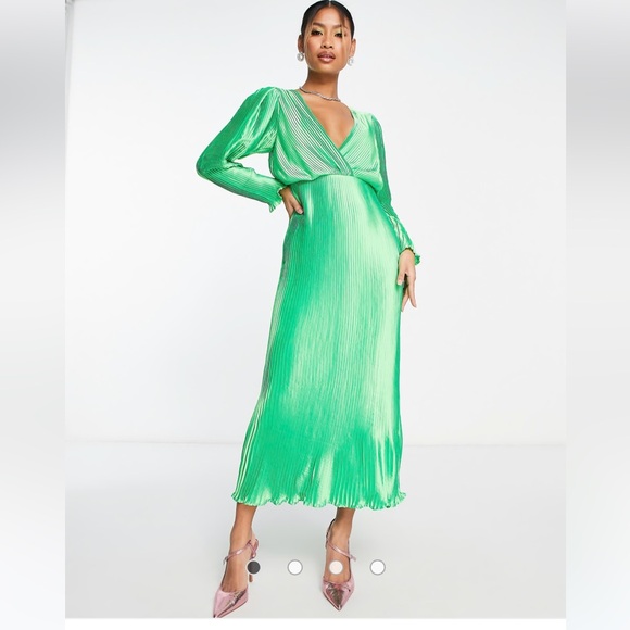 asos green satin midi dress Asos Design Long Sleeve Knot High Split Satin Midi Dress In Olive Green